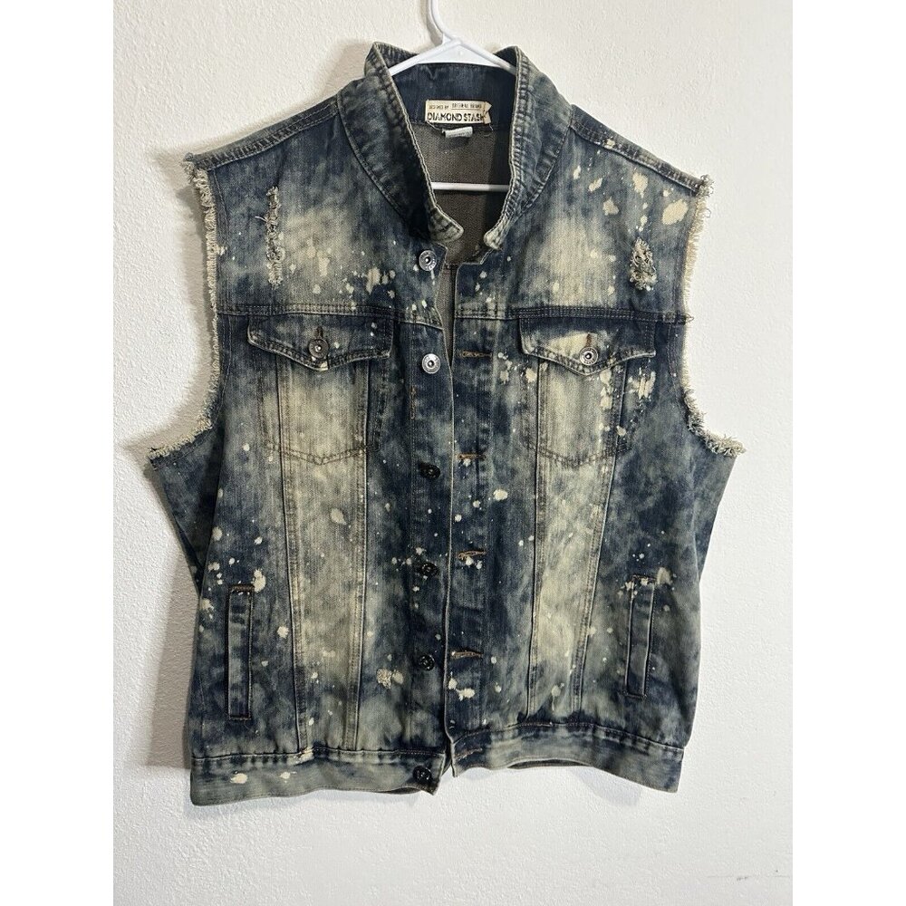 Diamond Stash Original Brand Distressed Paint Splatter Denim Jean Vest Size 2XL